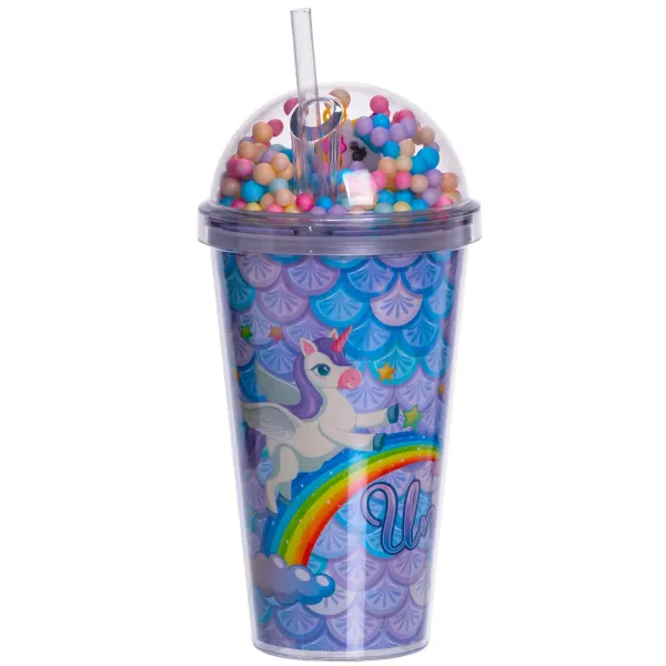 Стакан многоразовый Единорог с крышкой и трубочкой 400 мл Голубой (HP-18-2Y)