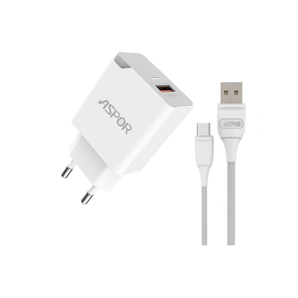 Зарядний пристрій мережевий Aspor A822 Fast Charger 18W QC3.0 1USB 3A з USB-кабелем Type-C Білий (1858272814)