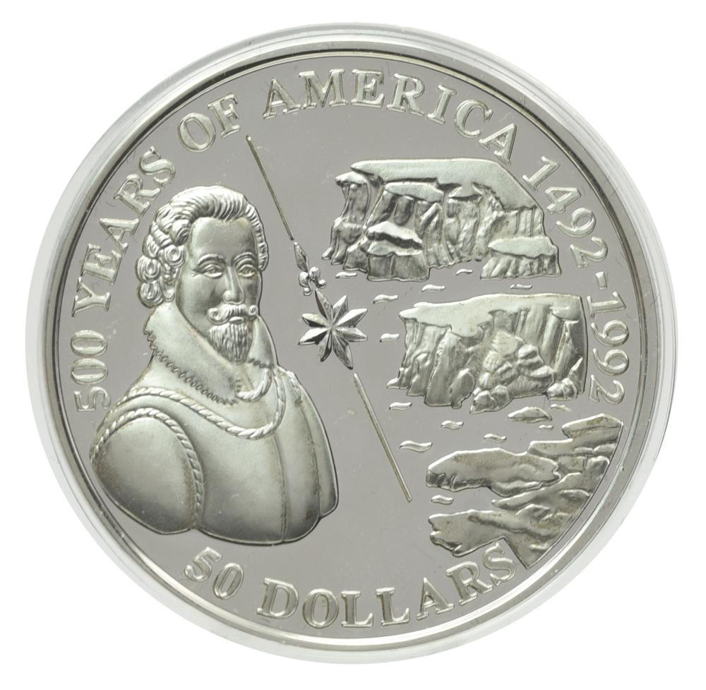 Коллекционная монета Острова Кука 50 долларов 1993 серебро Proof 500 лет Открытию Америки-Сэр Мартин Фробишер (М22635)