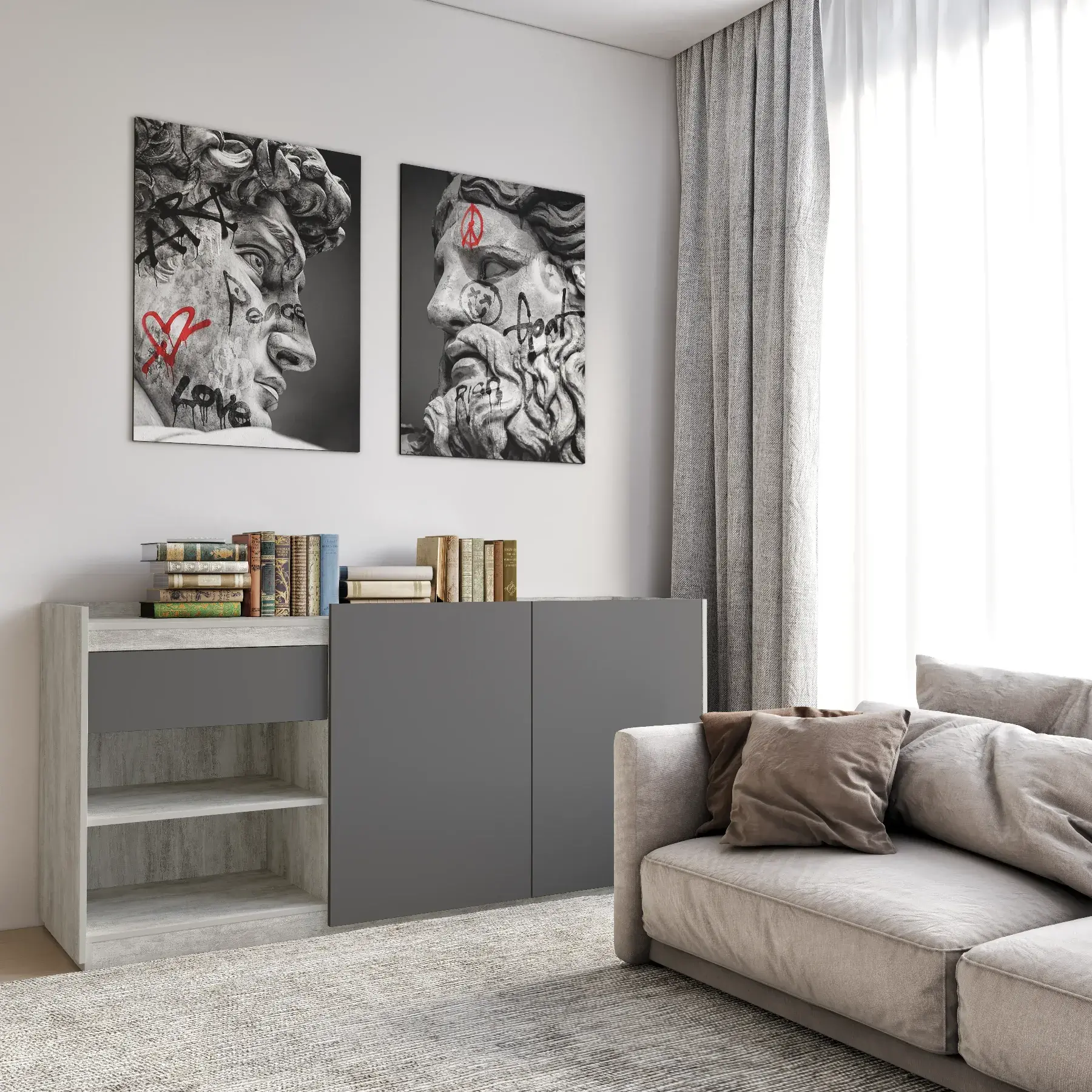 Комод FRS-3 без ручок з двома дверцятами/шухлядою і полицями 1840х500х860 мм Бетон/Антрацит