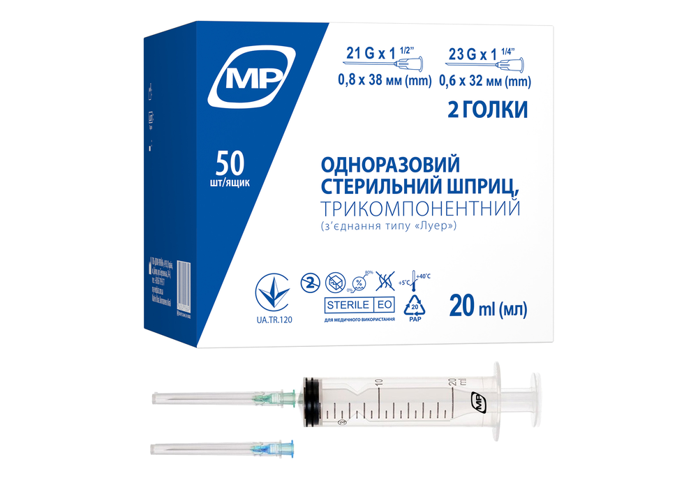 Шприц 3-компонентный MedPlast 20 мл 21G 1/2 0,8x38 и 23G 1 1/4 0,6x32 (COM01802)