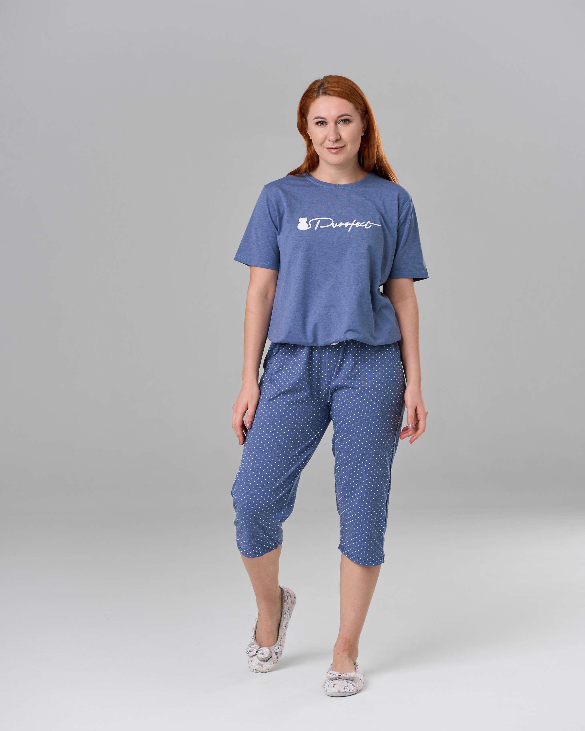 Пижама хлопчатобумажный с капри Горошек батал Purrfect 4XL Темно-синий (36035)