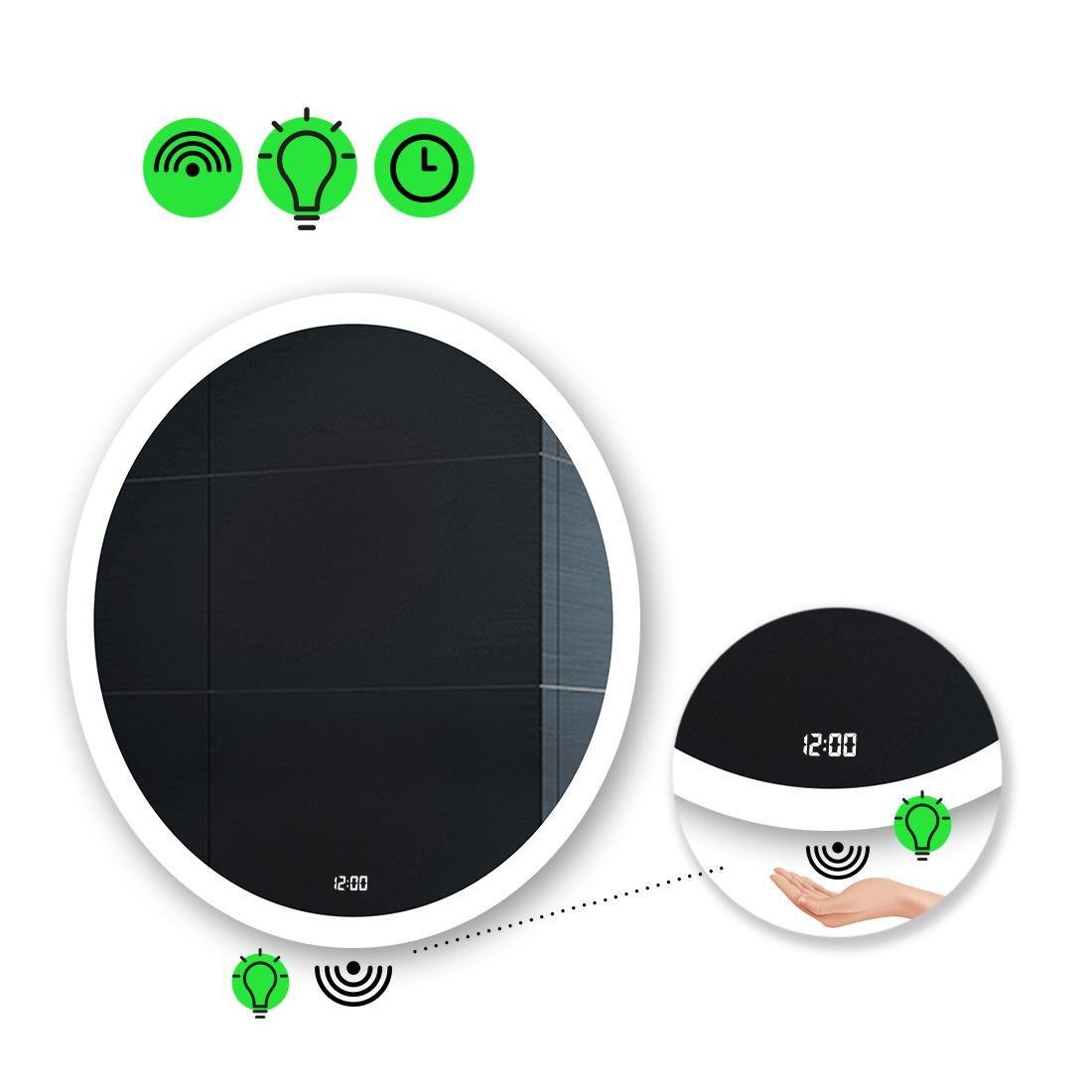 Зеркало с LED подсветкой Amor с ИК включателем и часами 70x70 см (Amor49)