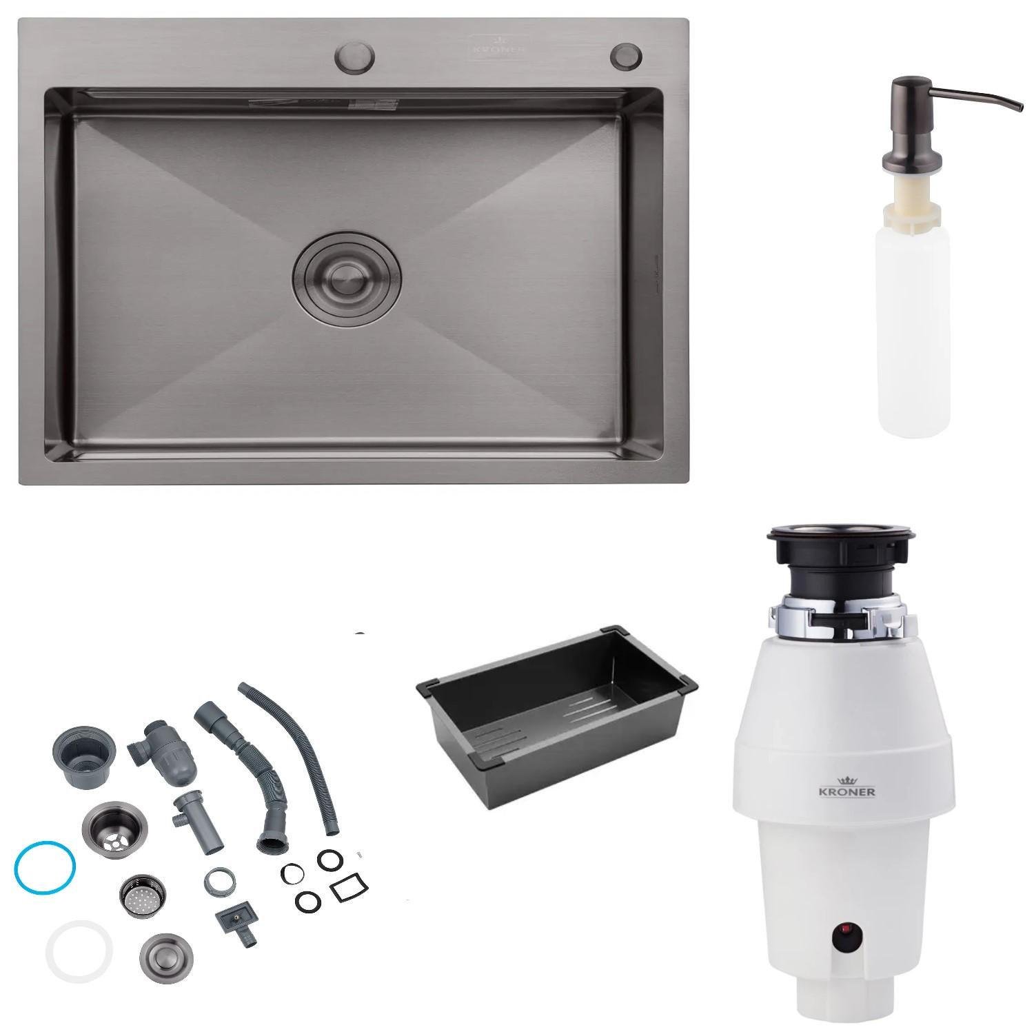 Мийка кухонна Kroner Schwarze 6350HM та подрібнювач харчових відходів Kroner KRP Kaiman WHI 375 W Чорний