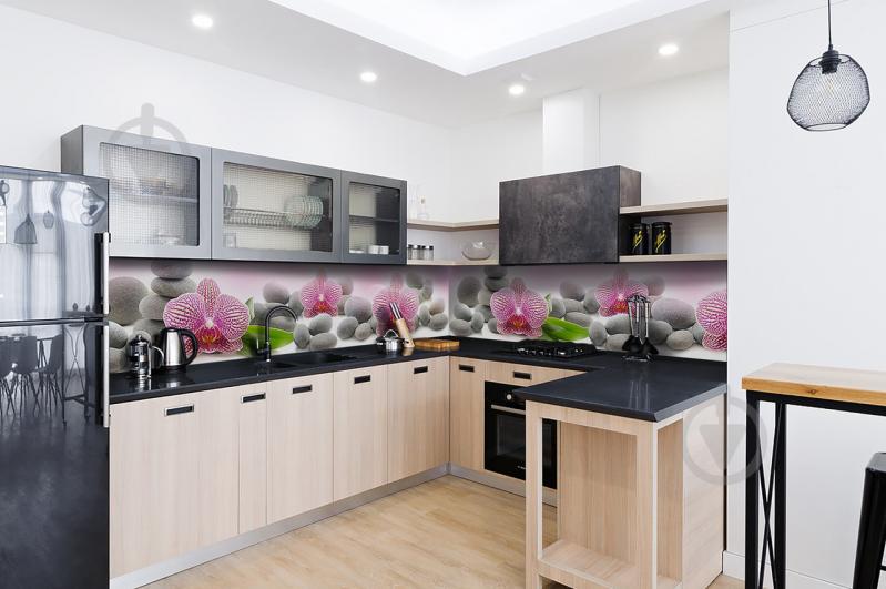 Скинали на кухню Zatarga «Орхидеи и Серые Камни» 650х2500 мм виниловая 3Д наклейка кухонный фартук Z180556/1