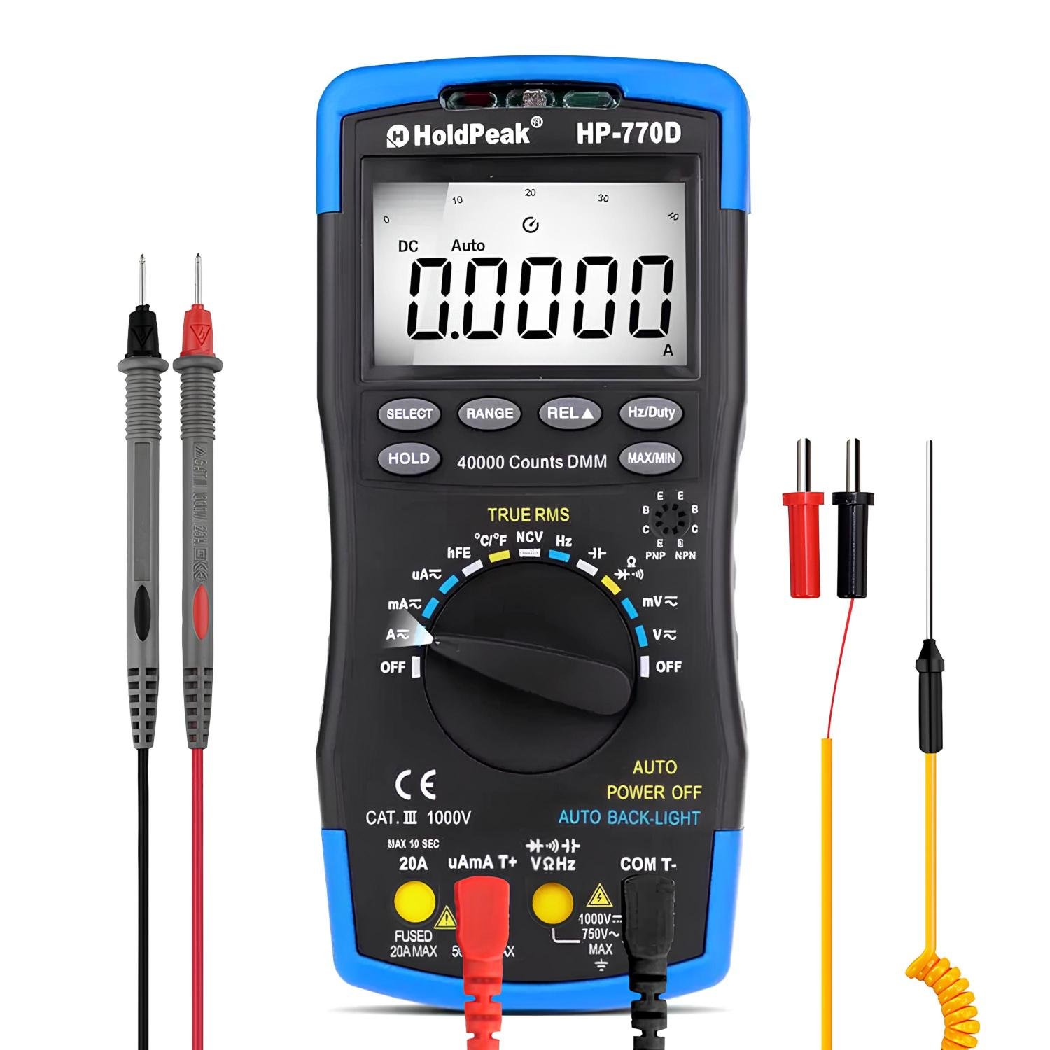 Мультиметр цифровий HoldPeak HP-770D TrueRMS 40000 відліків 1000 В 20А AC/DC 40МОм 100 мФ 1000°C 10МГц NCV