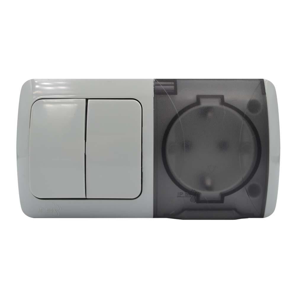 Блок розетка и выключатель Elbi EVA с заземлением с крышкой IP54 Серый (554-011500-922)