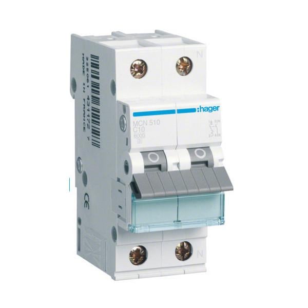 Автоматический выключатель Hager 2 полюса 6 kA тип C 10A MCN510 (74312)