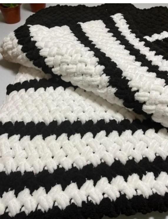 Плед в’язаний Black & White Alize Puffy ручної роботи 140х190 см Чорно-білий (P10002AP)