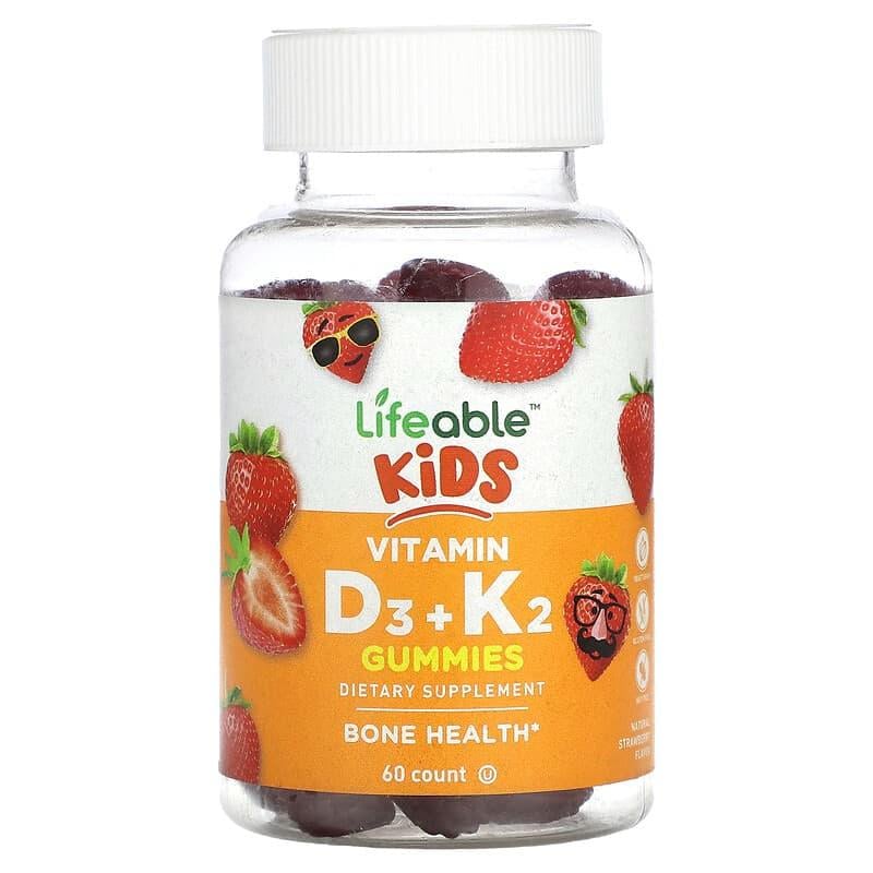 Вітаміни Д3 і К2 для дітей Lifeable Kids Vitamin D3 K2 смак полуниці 60 мармеладок
