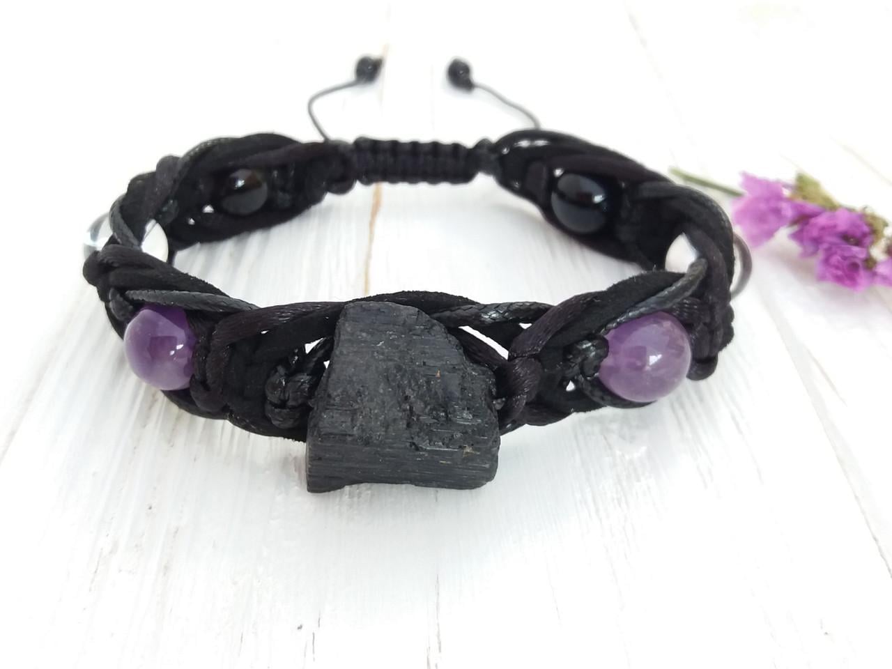 Браслет из Черного турмалина/Аметиста/Горного хрусталя тройной оплет (1888368208)
