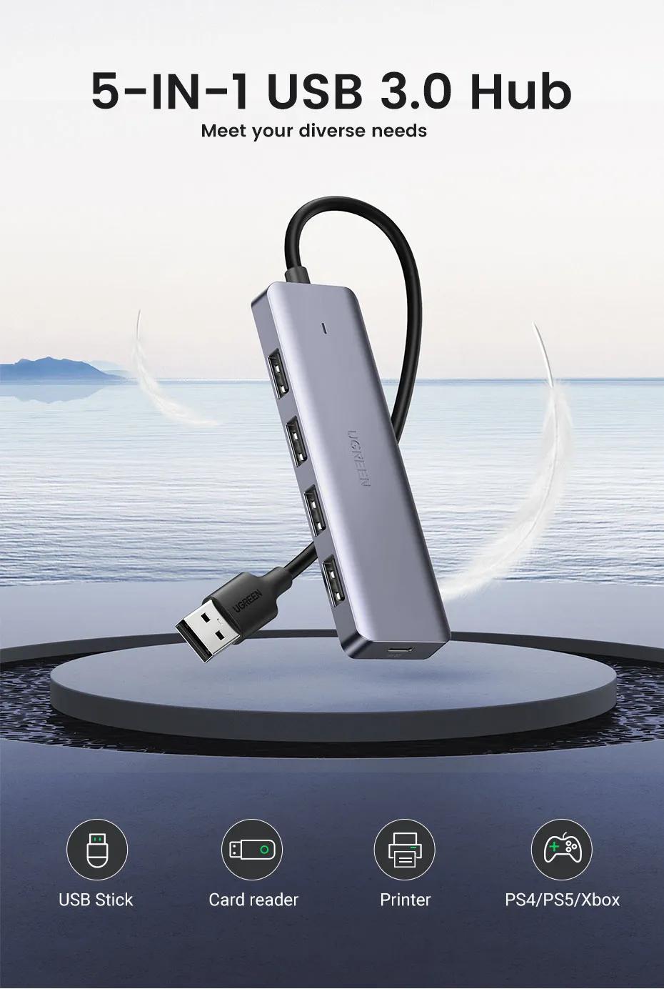 USB-хаб UGREEN USB-A-4x USB 3.0/5 Гбіт/с Type-C 15Вт USB-C Сірий (50985) - фото 2 USB-хаб UGREEN USB-A-4x USB 3.0/5 Гбіт/с Type-C 15Вт USB-C Сірий (50985) - фото 2