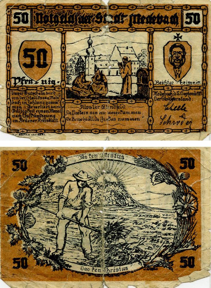 Коллекционная банкнота Германия Нотгельд 50 пфеннигов 1921 G-VG Медебах (Б18670)