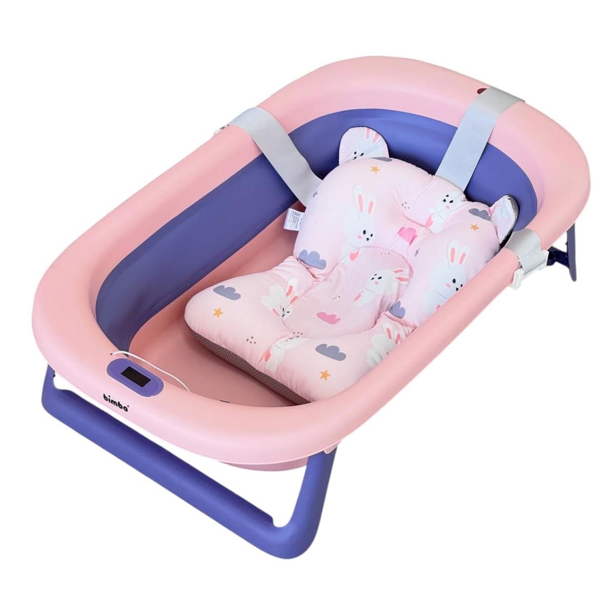 Детская ванна для купания Bimbo складная силиконовая со сливом матрасом и термометром (BM-30011)