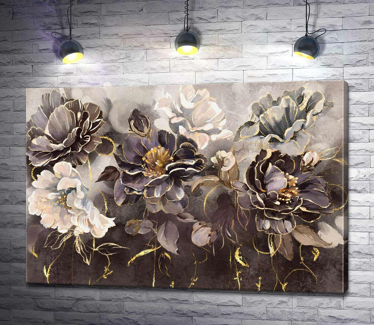 Картина ArtPoster Чорні та білі півонії з золотом 100x68 см Модуль №1 (004288)