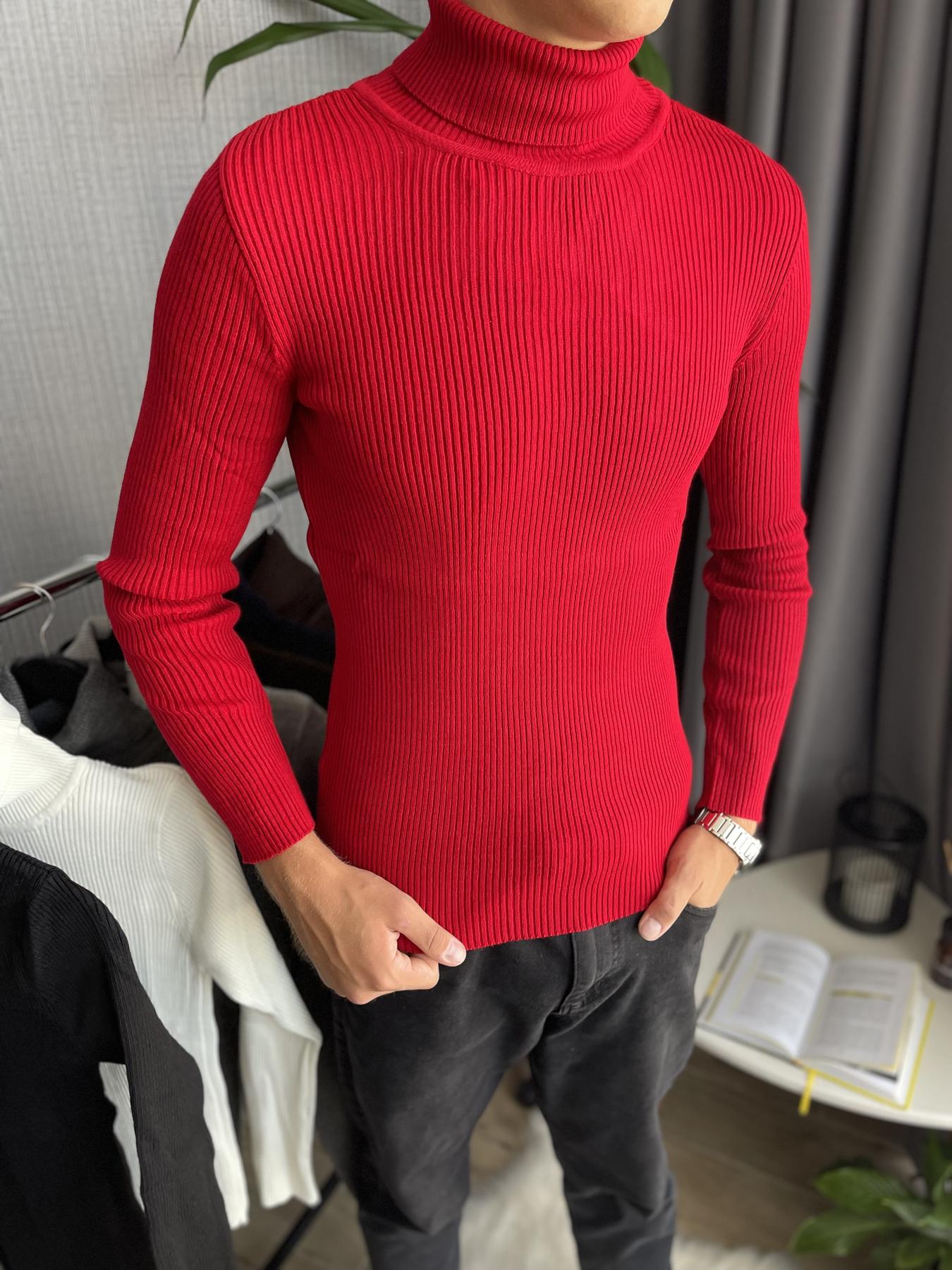 Гольф мужской с высокой горловиной в рубчик M Красный (26535/5/1) - фото 2