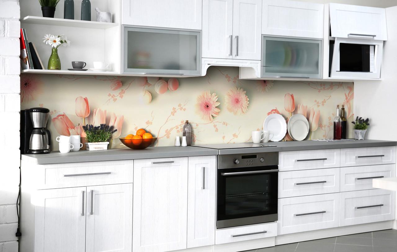 Кухонный фартук Герберы и Тюльпаны виниловый самоклеющийся 650х2500 мм Розовый