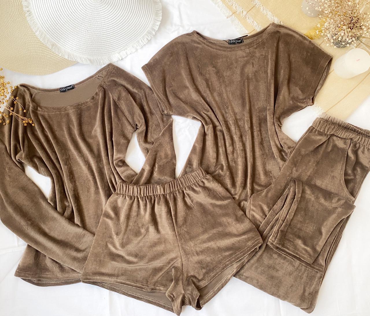 Пижама женская четверка кофта/штаны/майка/шорты из велюра S Шоколадный (6666 S brown) - фото 3 Пижама женская четверка кофта/штаны/майка/шорты из велюра S Шоколадный (6666 S brown) - фото 3