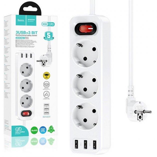 Фильтр сетевой Hoco NS2 3 розетки/3 USB 1,8 м White - фото 4 Фильтр сетевой Hoco NS2 3 розетки/3 USB 1,8 м White - фото 4