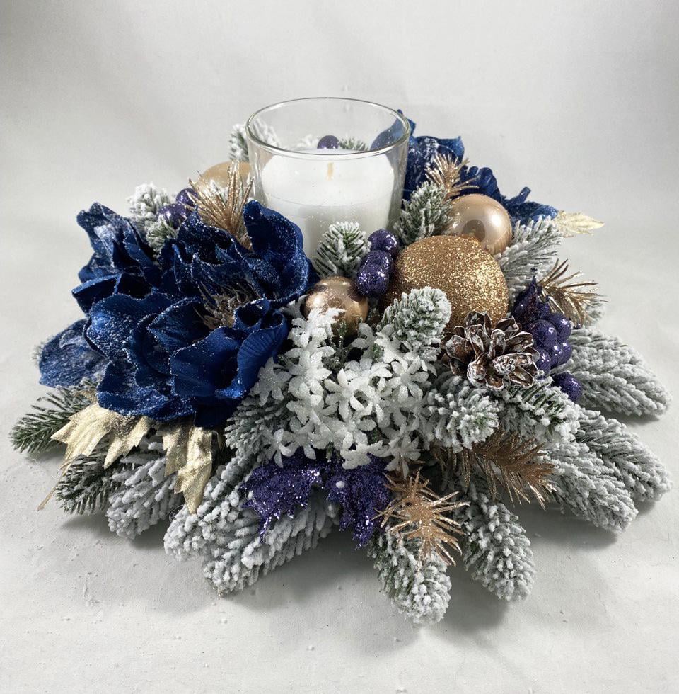 Композиция новогодняя со свечой Снежная магнолия 15 см Синий/Белый/Бежевый (9207924) - фото 3