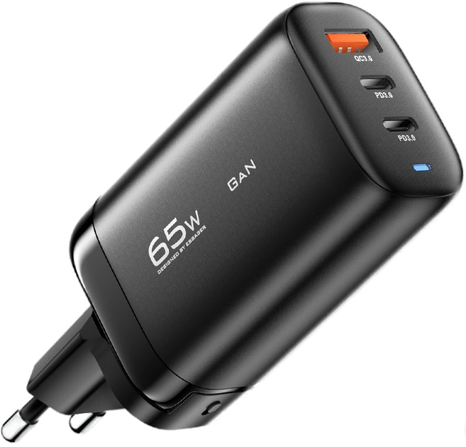 Зарядний пристрій швидкої зарядки Essager GaN 65W 2C+1A GaN 2USB-C та 1USB-A Білий (v-29)