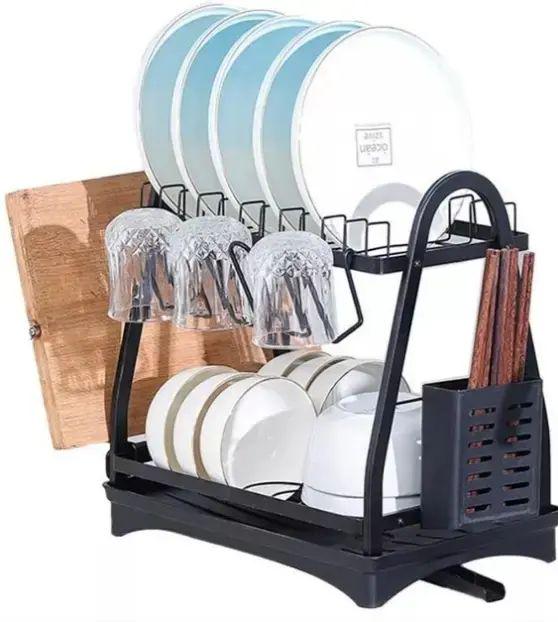 Сушилка для посуды настольная двухъярусная MZY-1032A 50x30x38 см с поддоном стальная Черный