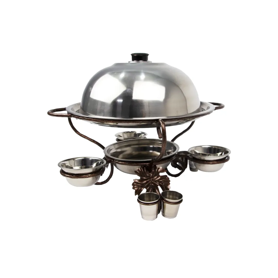 Садж із соусницями та чарками для подачі та підігріву їжі VIP з нержавіючої сталі 36 см (2-10-SJ-6570)