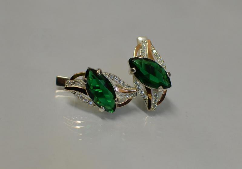 Серебряные серьги Sil с золотыми пластинами 114s-6 Зеленый (Sil-838)