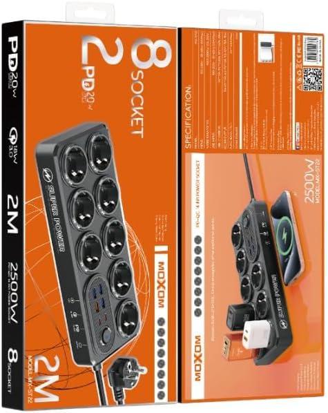 Удлинитель с защитой от перенапряжения Moxom MX-ST22 14в1 Power Strip с 2 PD/QC 2500 Вт 8 розеток и 3 USB для нескольких устройств 2 м Черный - фото 4 Удлинитель с защитой от перенапряжения Moxom MX-ST22 14в1 Power Strip с 2 PD/QC 2500 Вт 8 розеток и 3 USB для нескольких устройств 2 м Черный - фото 4
