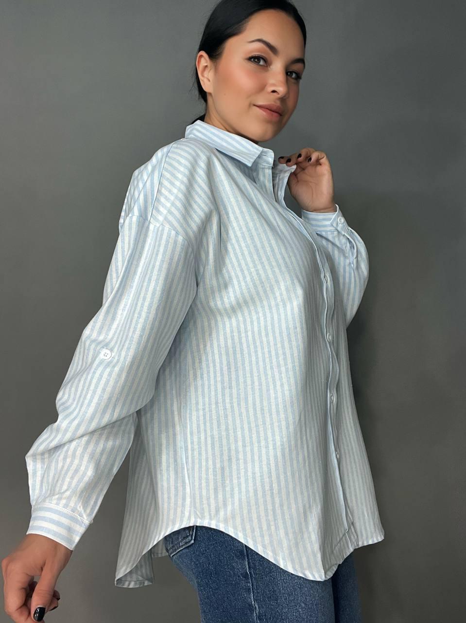 Сорочка жіноча A-N 25130-1 в смужку оверсайз бавовняна OS Блакитний (26852061) - фото 4 Сорочка жіноча A-N 25130-1 в смужку оверсайз бавовняна OS Блакитний (26852061) - фото 4