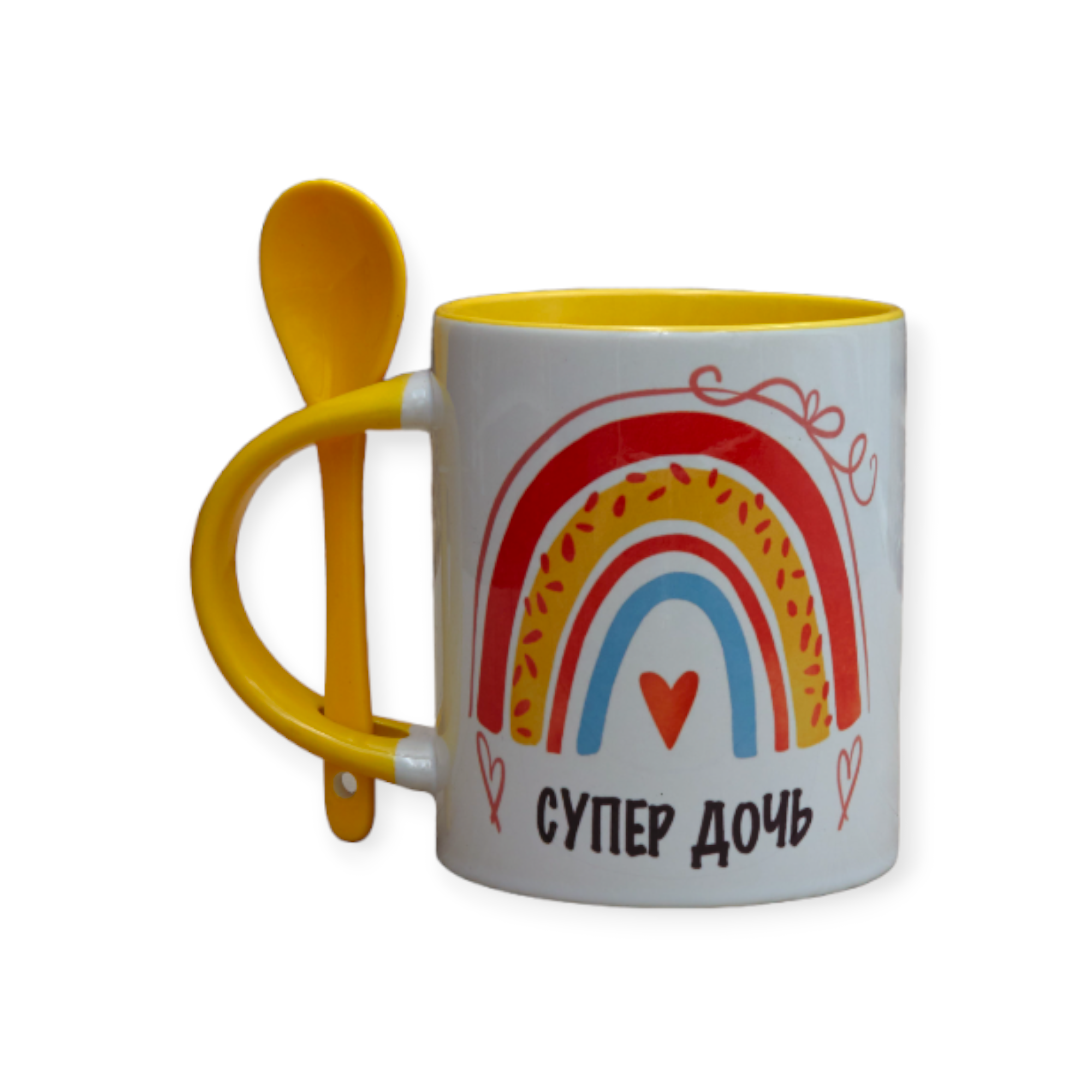 Чашка с ложкой с принтом "Супер дочь" 330 мл Желтый (01_K0333047168)