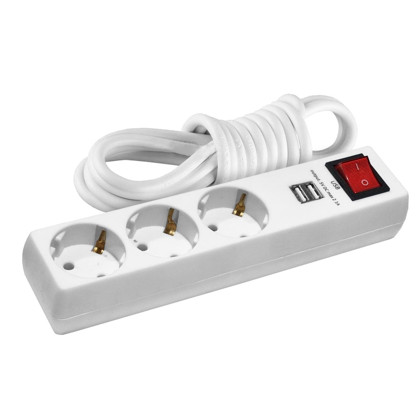 Фильтр-удлинитель сетевой Euroelectric EE-103USB-2M 3 гнезда 2 м с з/к 2xUSB Type A с выключателем (4260642634797)