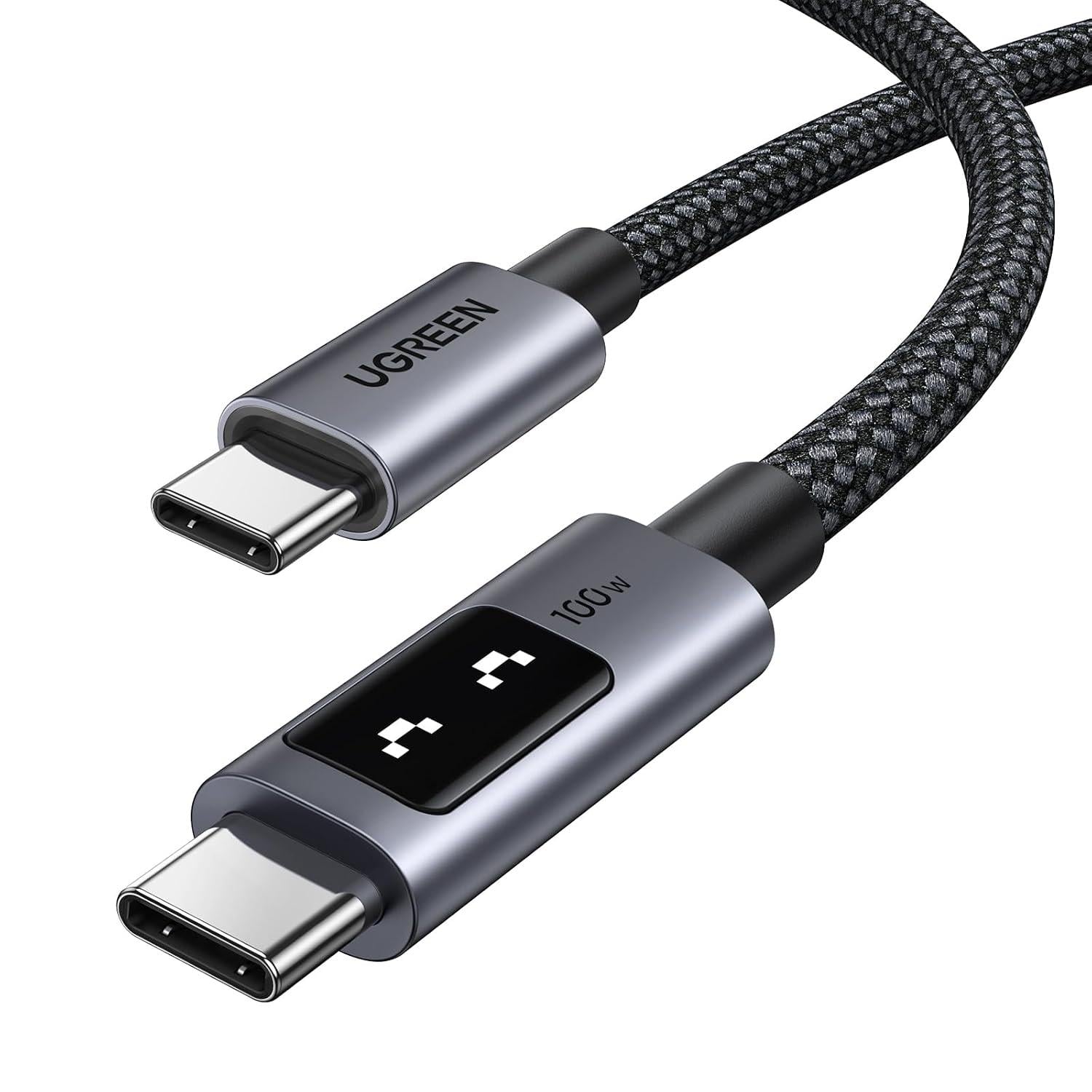 Кабель UGREEN UNO L509 USB-C-USB-C 2 м LED-дисплей без видеовыхода нейлоновая оплетка Темно-серый (35512)