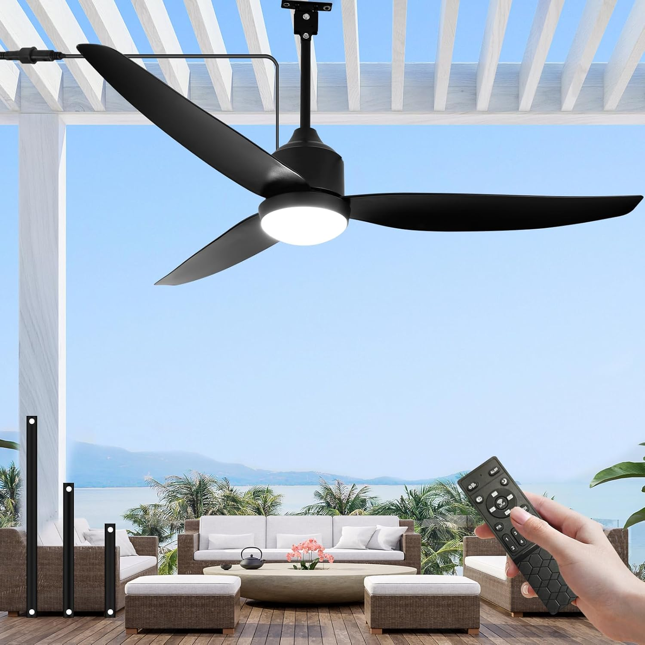 Стельовий вентилятор вуличний ANFERSONLIGHT 52" з LED-підсвіткою та пультом/IP65 6 швидкостей реверс Чорний (3038710836)