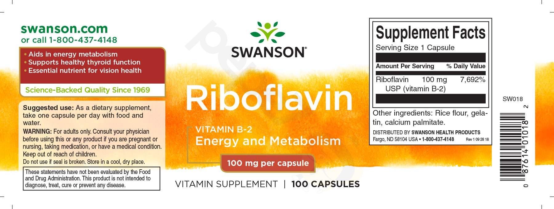 Рибофлавин Swanson Riboflavin Vitamin B-2 100 мг 100 Caps - фото 2