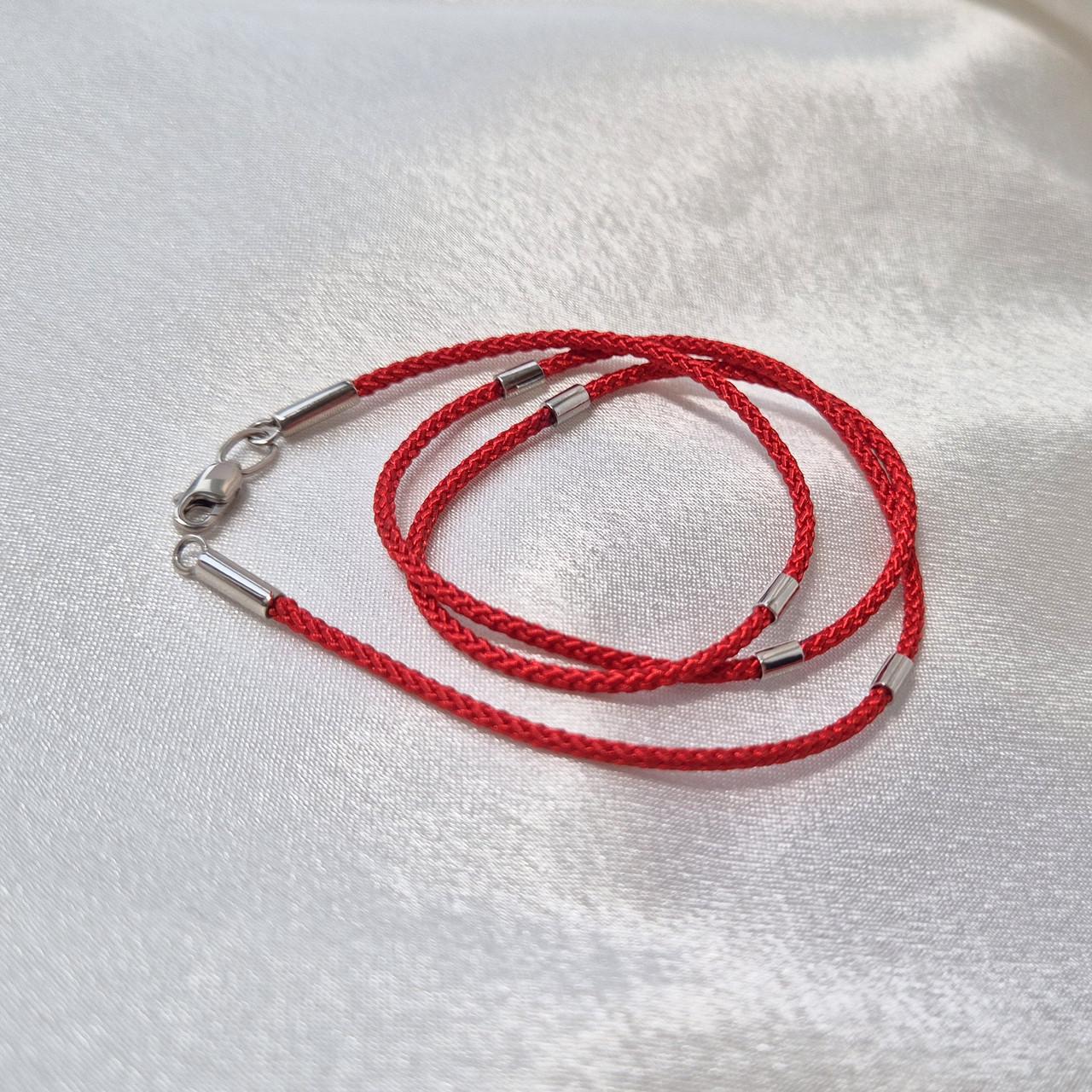 Ювелирный шелковый шнурок 2 мм со вставками 40 см серебро 925 пробы родованное Красный 2,79 г (кс0821р)