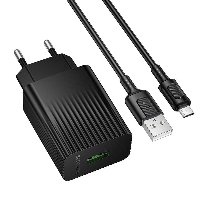 Зарядное устройство для телефонов с кабелем Borofone BAS72A Source single port QC3.0 charger set Black (19141) Зарядное устройство для телефонов с кабелем Borofone BAS72A Source single port QC3.0 charger set Black (19141)