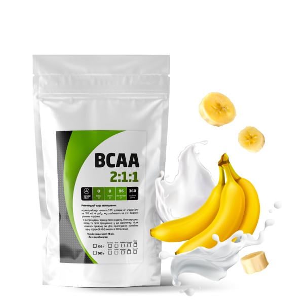 Комплекс амінокислотний BCAA 2:1:1 Банан 99% білка на 10 порцій 100 г (21-125-bcaa-b100) - фото 1 Комплекс амінокислотний BCAA 2:1:1 Банан 99% білка на 10 порцій 100 г (21-125-bcaa-b100) - фото 1