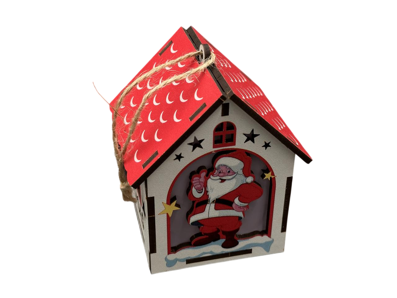 Іграшка ялинкова новорічна Будиночок із підсвічуванням із фанери 100х75х55 мм Білий із червоним (NR-119)