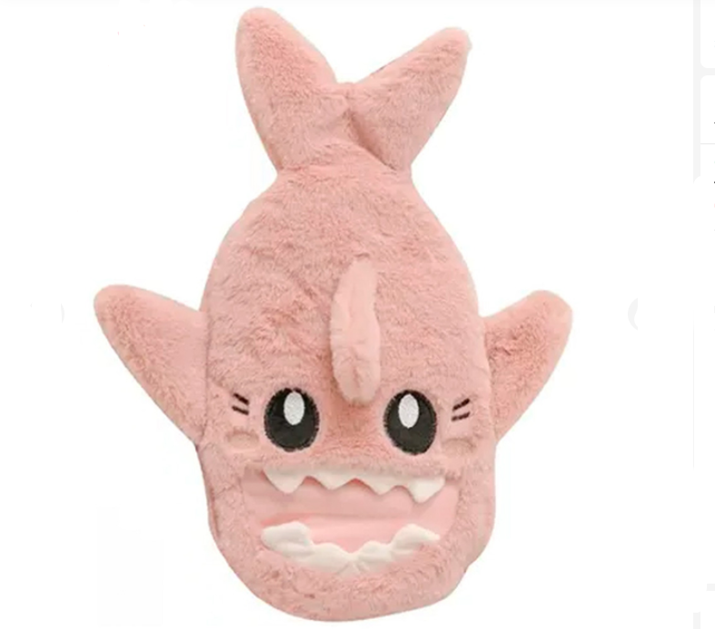 Грелка для рук ног тела резиновая с плюшевым чехлом акула 36х30 см 1 л Розовый