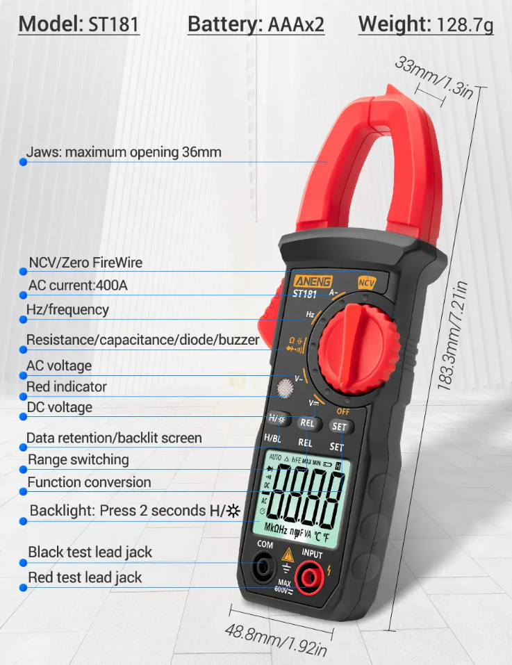 Мультиметр цифровий ANENG ST181 струмові кліщі 4000 відліків - фото 7