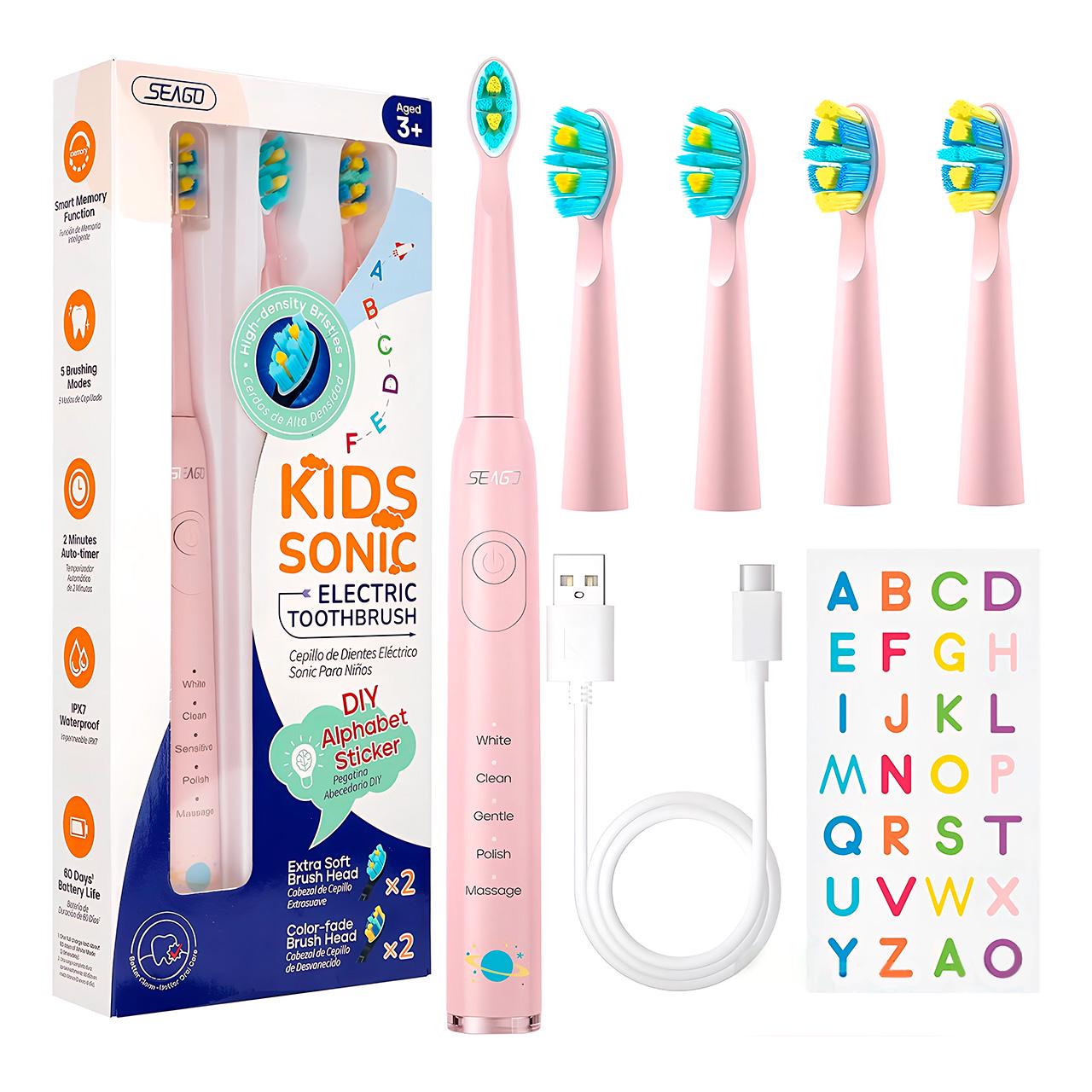 Електрична зубна щітка дитяча звукова Seago на акумуляторі з 4 насадками Рожевий (24762143) - фото 2 Електрична зубна щітка дитяча звукова Seago на акумуляторі з 4 насадками Рожевий (24762143) - фото 2