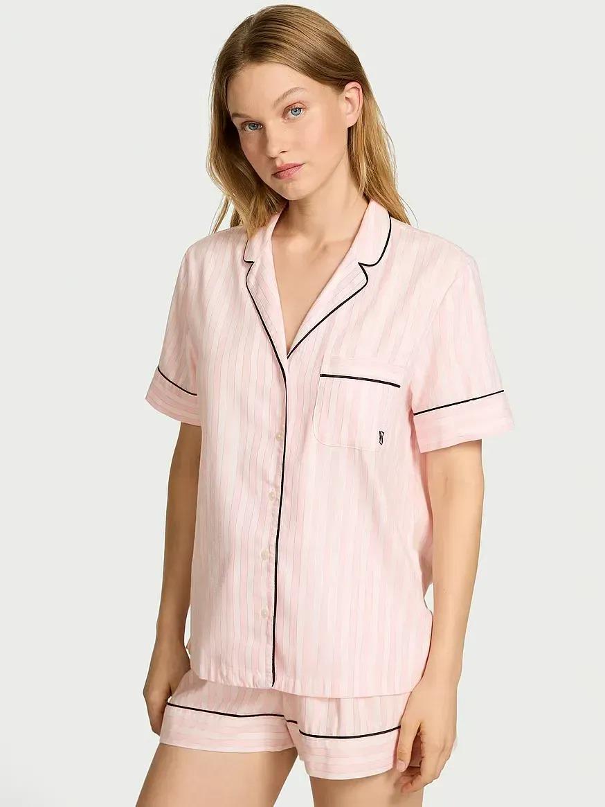 Піжама фланелева сорочка/шорти Victoria's Secret Flannel Short Pajama Set смужка М Рожевий (27123581)
