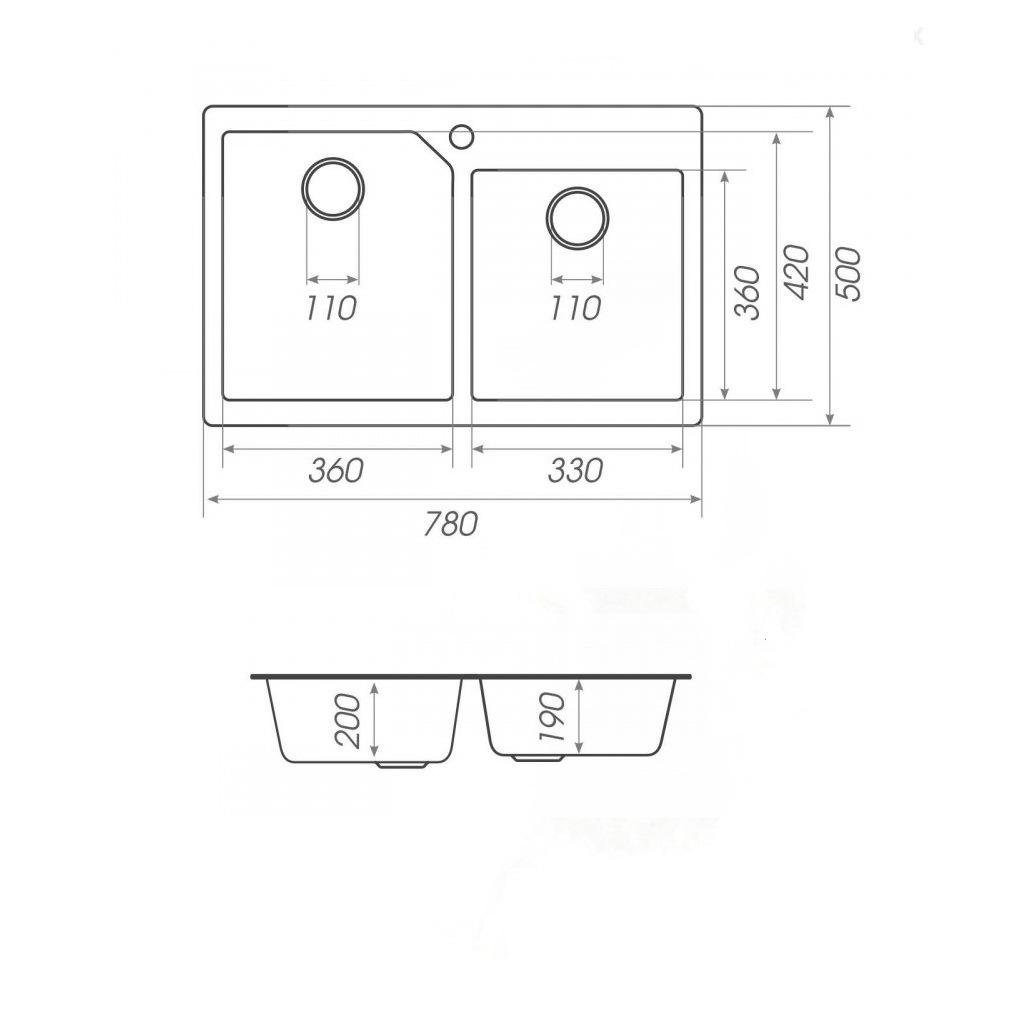 Мойка кухонная Platinum PLS-A26547 гранитная прямоугольная две чаши 780x500 мм Серый (152188) - фото 2