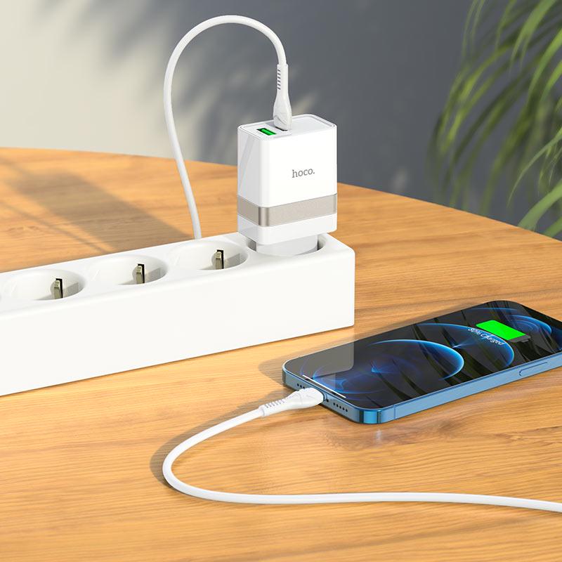 Сетевое зарядное устройство Hoco N21 USB+Type-C 3A 30W с быстрой зарядкой с кабелем Lightning Extension Speed 1 м Белый - фото 6