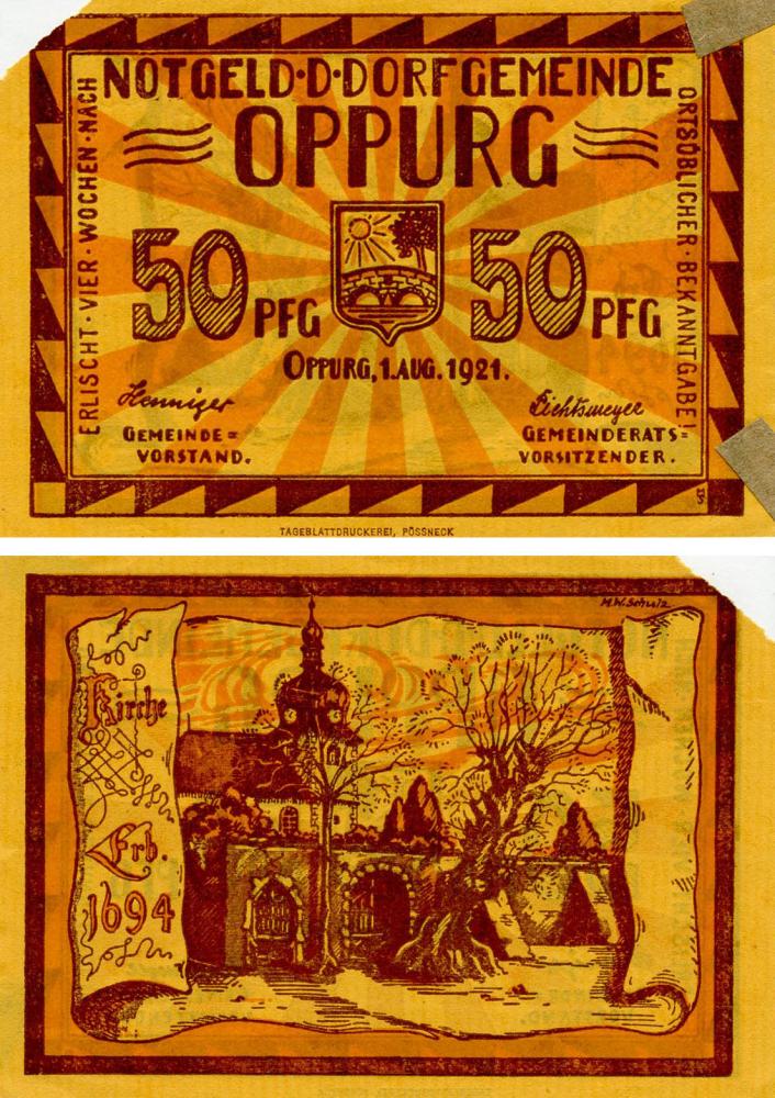 Коллекционная банкнота Германия Нотгельд 50 пфеннигов 1921 F-VF Оппург (Б18710)