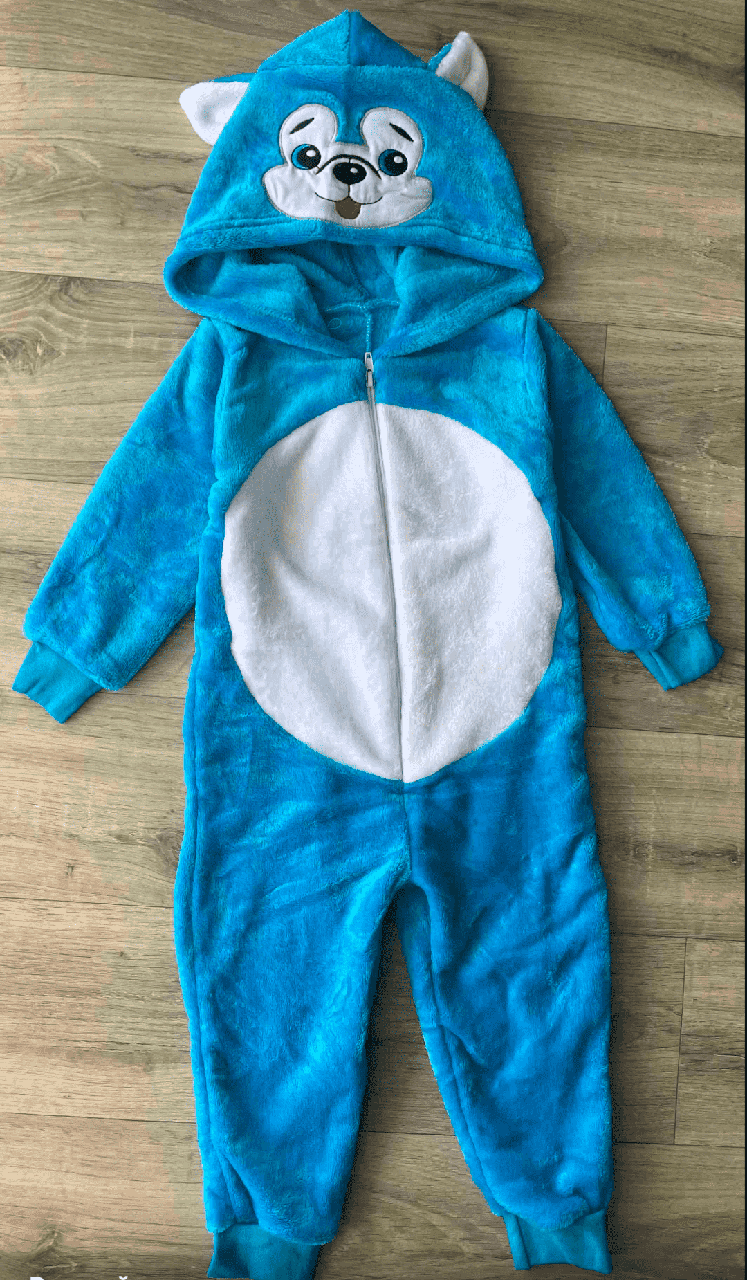 Кигуруми детская для мальчика Хаски с капюшоном махровая 11 лет 146 см Голубой (23510575)