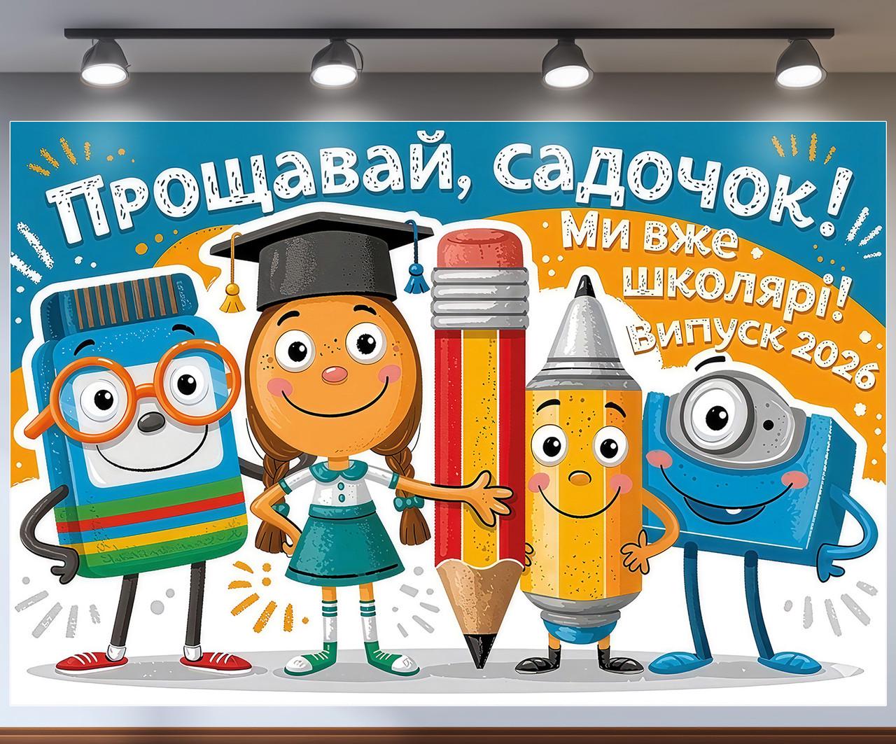 Баннер для фотозоны "Прощавай садочок Ми вже школярі" забавные карандаши и резинка 180x120 см