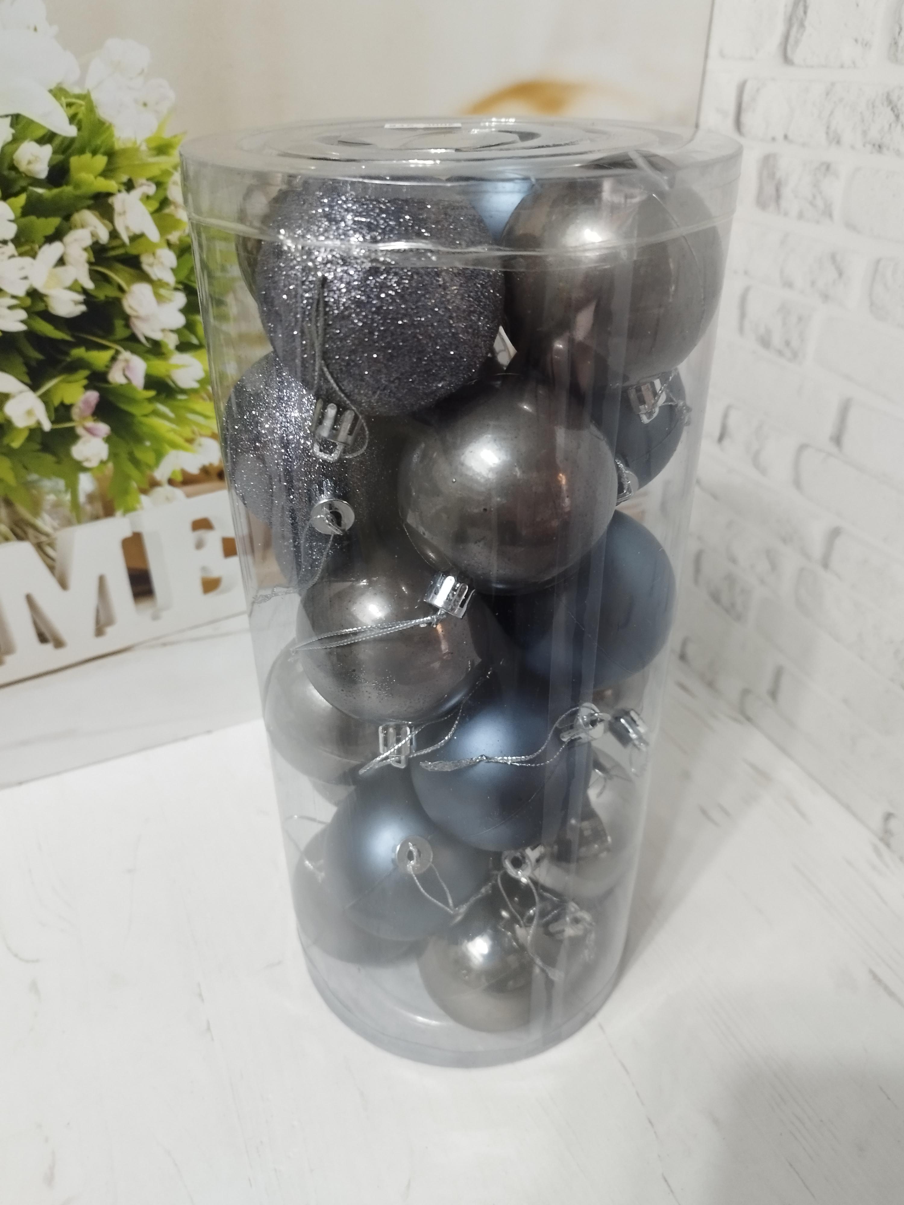 Набор новогодних шаров на елку пластиковые 6 см 24 шт. Графитный (LK9006-14) - фото 1