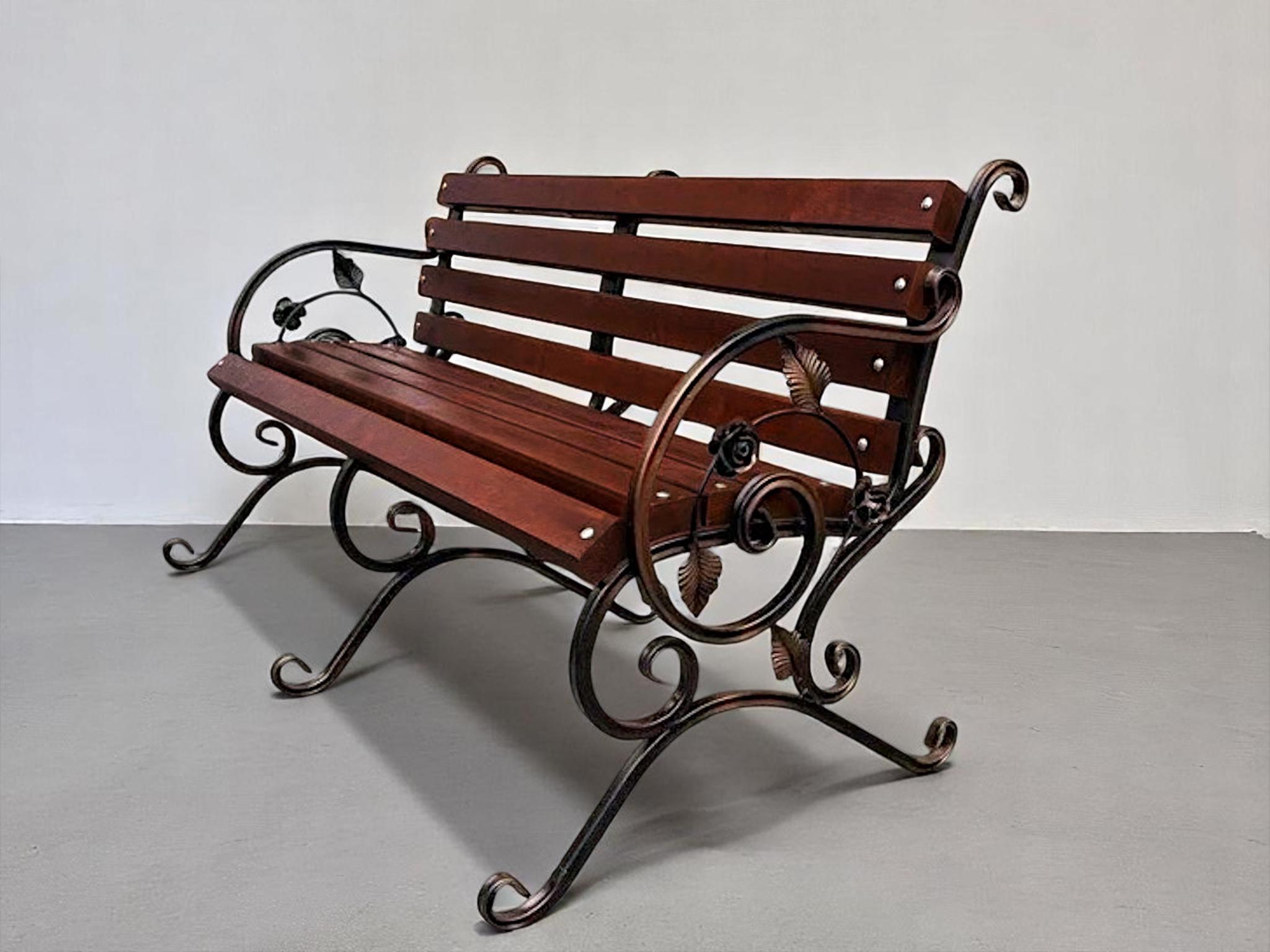 Скамейка садовая кованая Tobi Sho Камелия с подлокотниками 170 см усиленная Каштан - фото 3